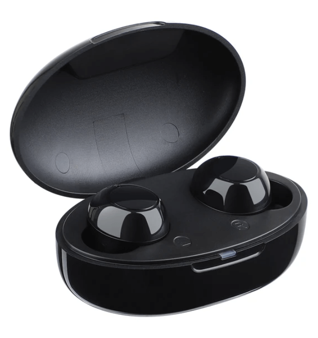 Black charging case with two wireless earbuds, designed for enhanced sound quality and portability.