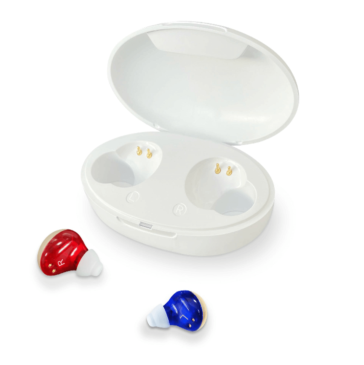 ClearTune™ Intelligent Hearing Aid in charging case, designed for superior sound amplification and clarity.