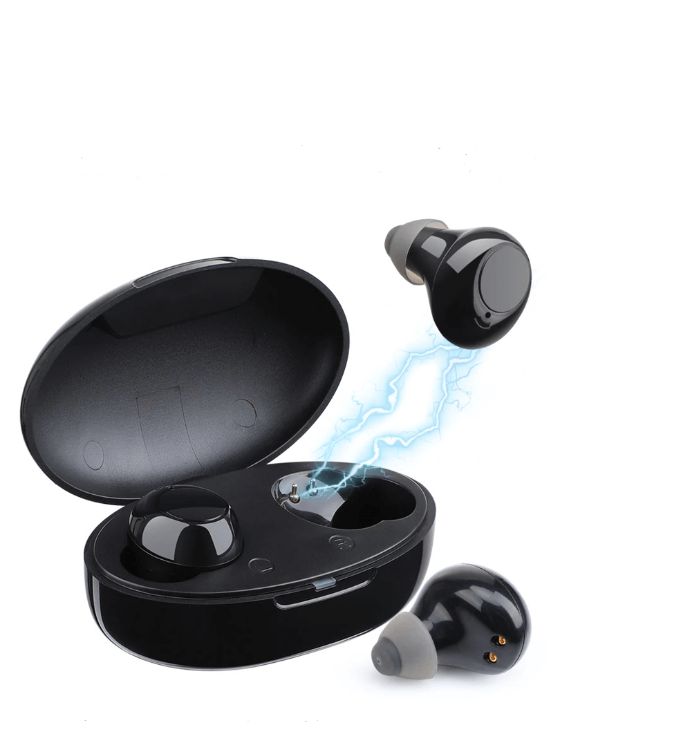 Black wireless earbuds charging in case, showcasing sleek design and advanced sound technology for ultimate listening experience.