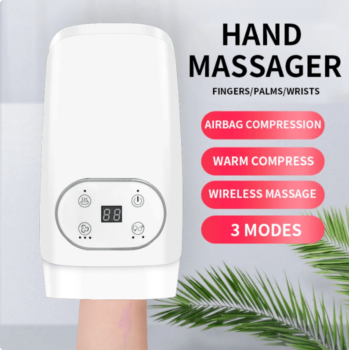 Hand massager for fingers, palms, and wrists with air compression and warm feature, offering wireless massage and three modes.