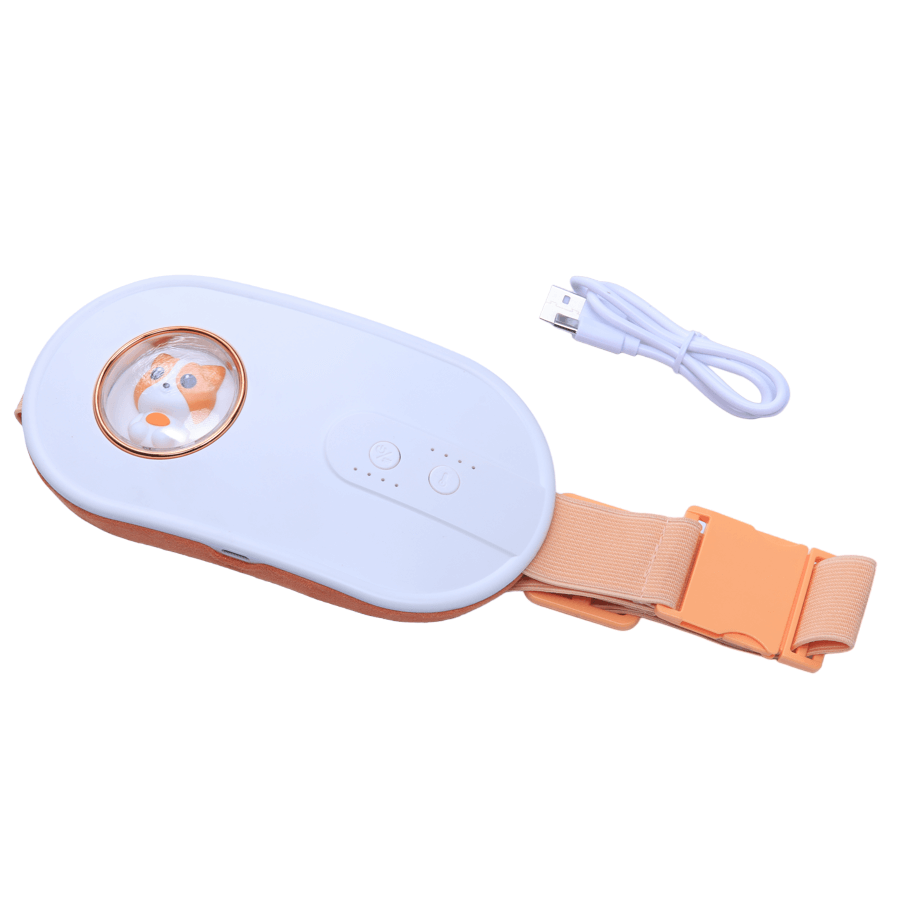 WarmWave™ heater and massager for period cramps, featuring USB charging and adjustable strap for comfort and relief.